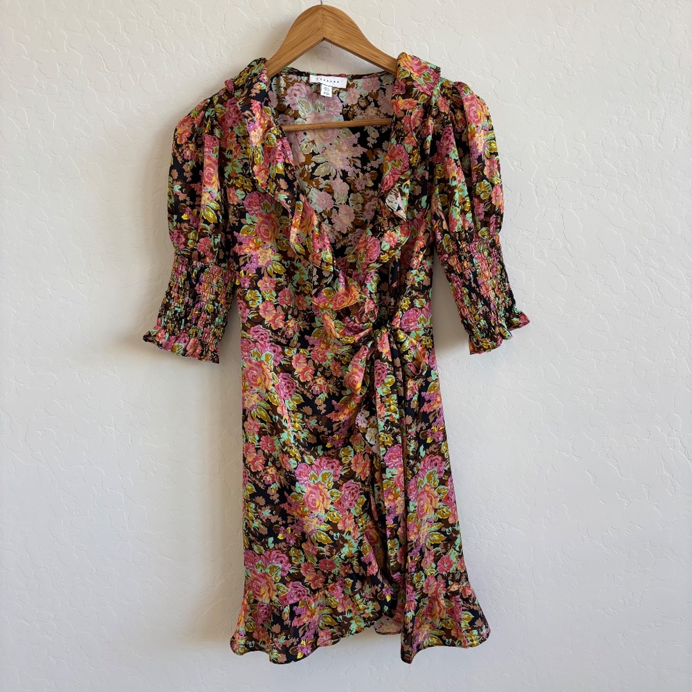 Topshop Floral Ruffle Wrap Mini Dress Puff Sleeve Size 2